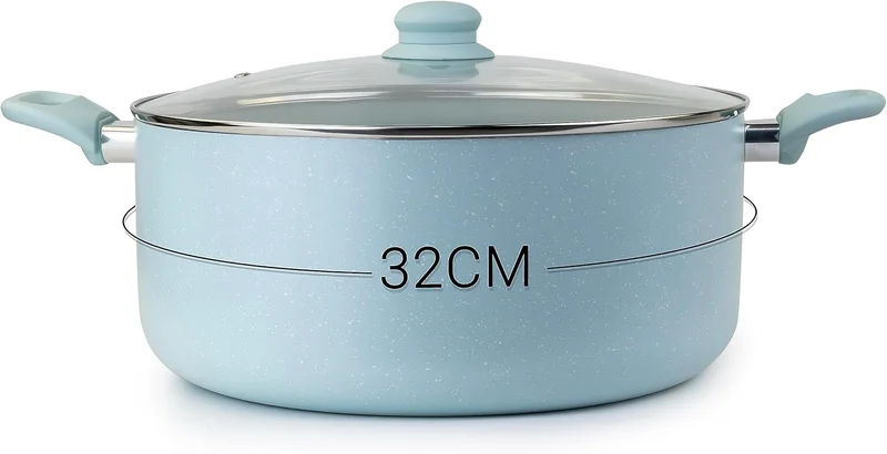 ويلسون قدر طهي أوك مع غطاء وطلاء رخامي، مقبض ناعم، مناسب للغاز والكهرباء والحث والسيراميك - 32 سم - أزرق